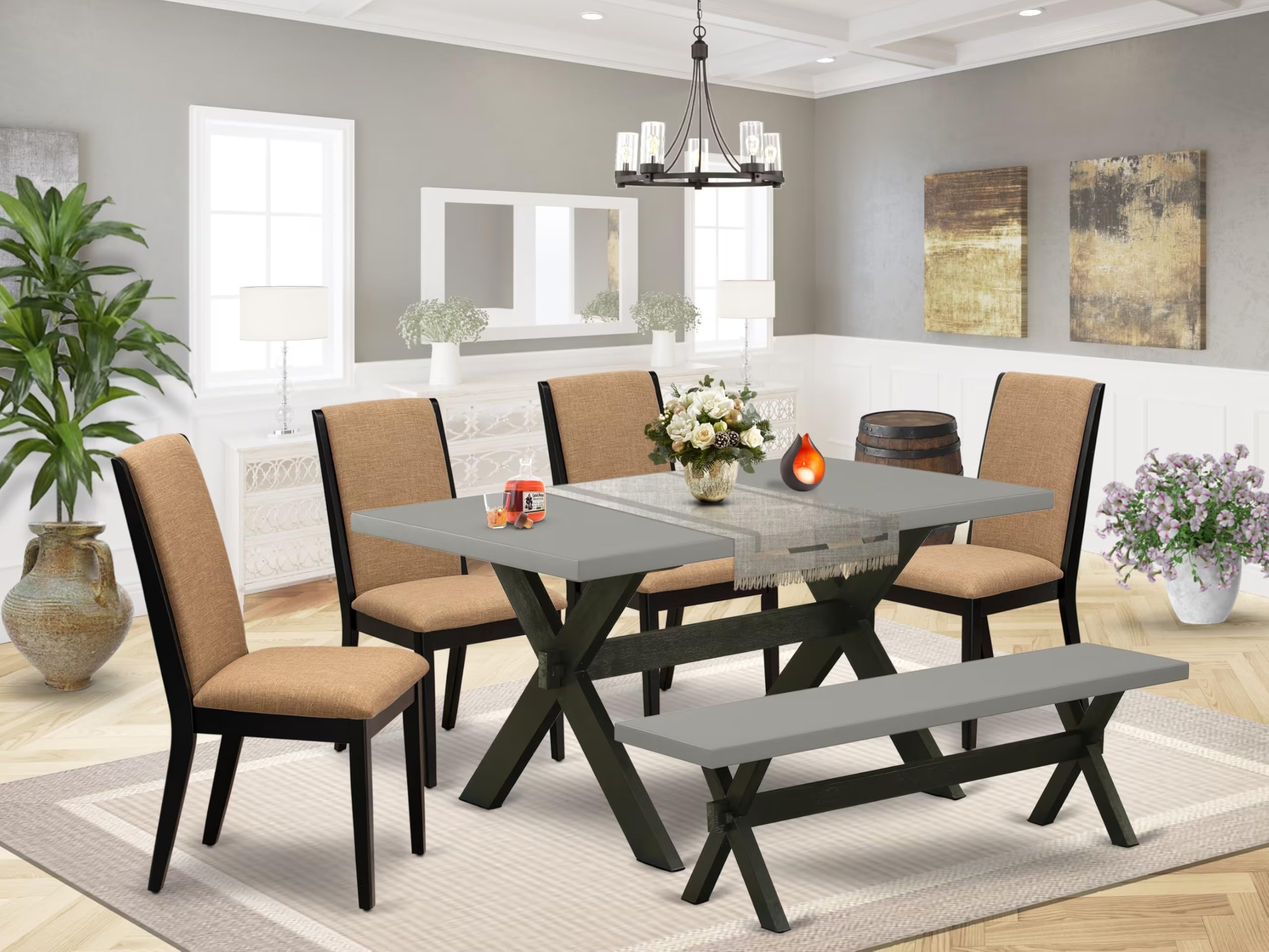 East West Furniture X696La147-6 6 Piece Dining Table Set Contains A Rectangle Table With X-Legs And 4 Light Sable Linen Fabric Upholstered Chairs With A Bench, 36X60 Inch, Multi-Color